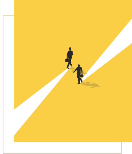 Three color flat illustration of two people walking toward each other down separate paths. The background is yellow, the paths are white, the figures are black