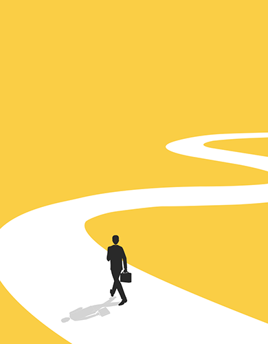 Three color flat illustration of a business person walking down a curvy path. The background is yellow, the path is white, the figure is black