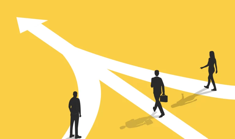 Three-color flat illustration of three people walking down separate paths that converge into one. The background is yellow, the paths are white, the figures are black