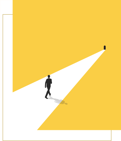 Three color flat illustration of a person walking down a path toward a door. The background is yellow, the path is white, the figure and door are black